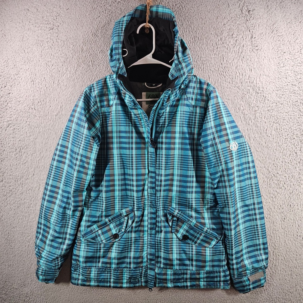 686 Mannual Snowboard Jacket Womens Small Teal Blue Plaid infiDRY 10K Waterproof